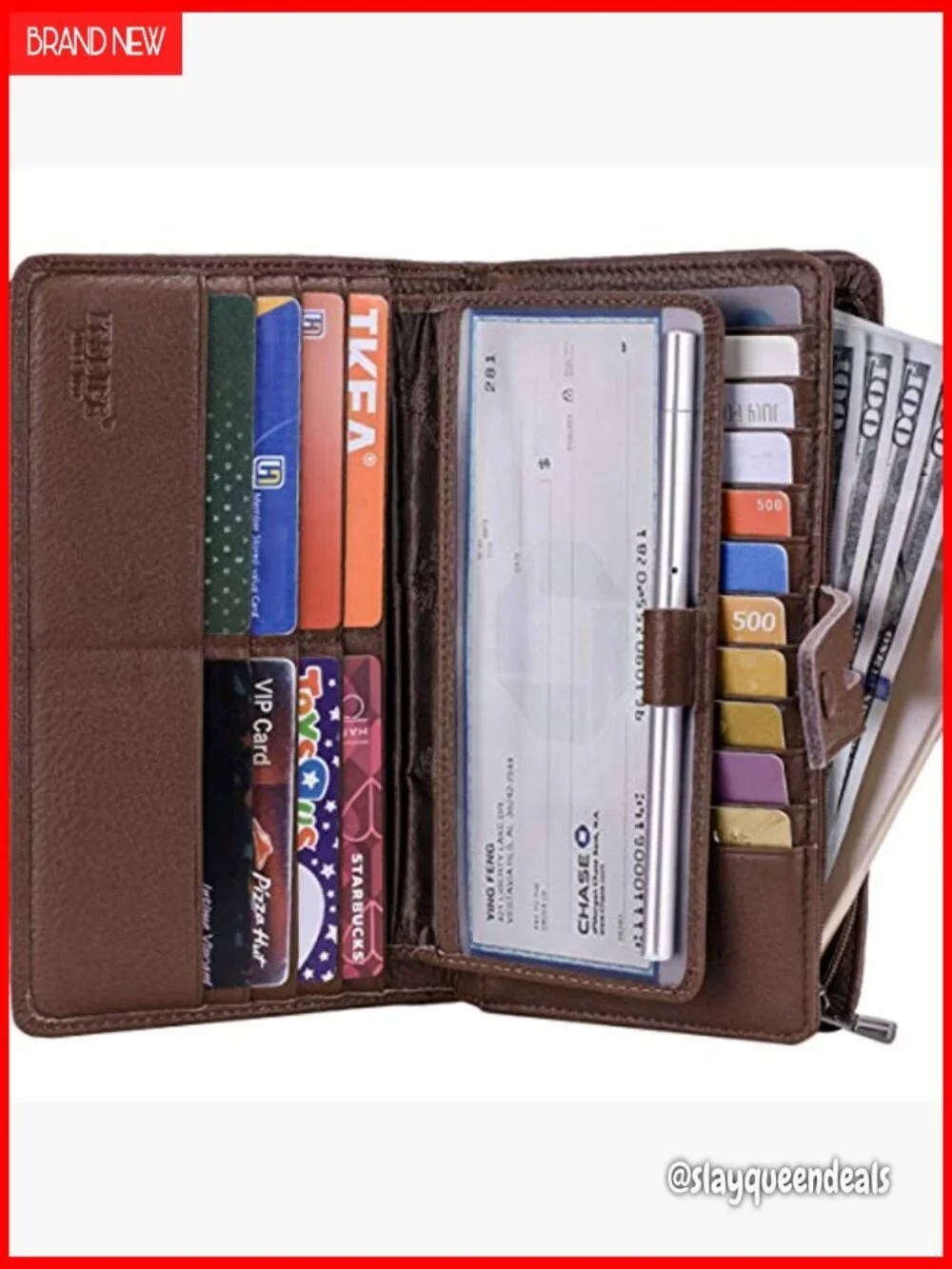 Large Capacity RFID Blocking Leather Wallet with Checkbook Holder